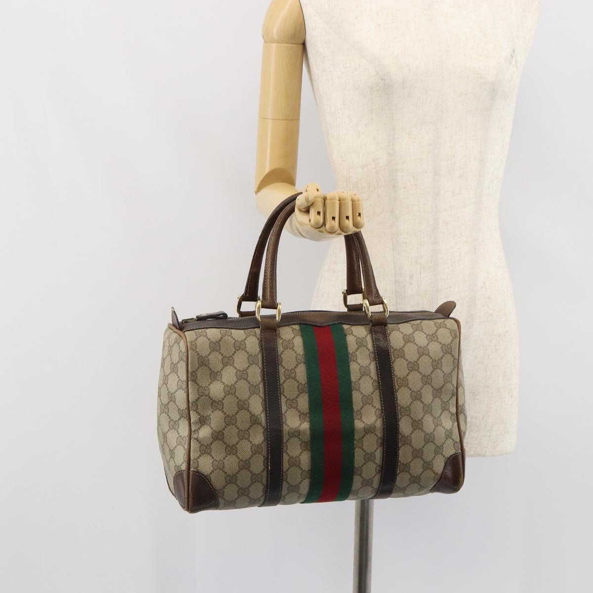 GUCCI GG Supreme Web Sherry Line Boston Bag PVC Beige Gold Red Auth 163579