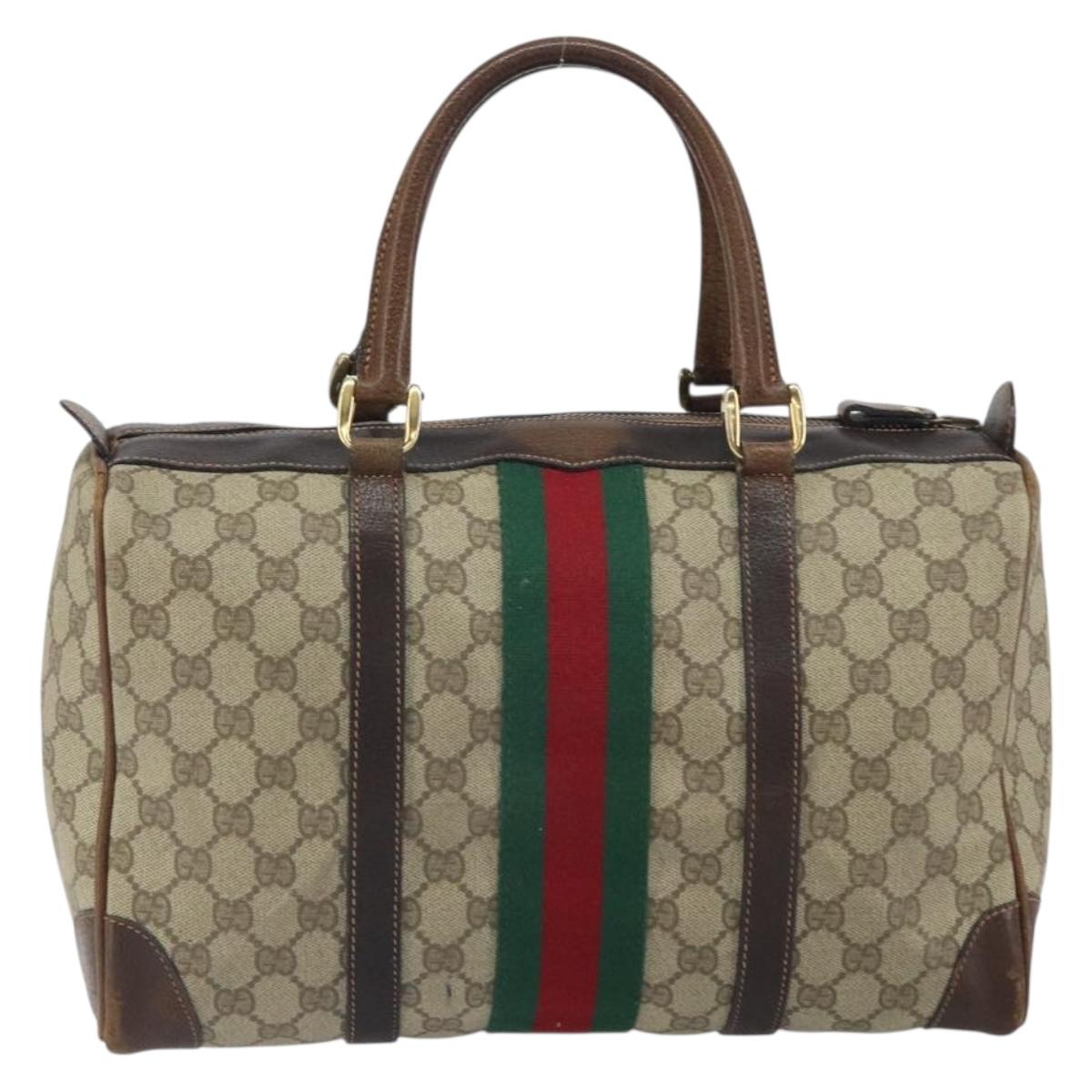 GUCCI GG Supreme Web Sherry Line Boston Bag PVC Beige Gold Red Auth 163579