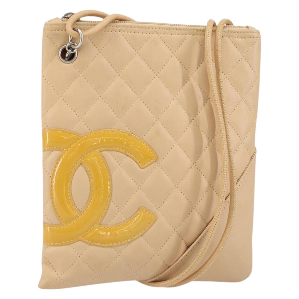 CHANEL Cambon Line Matelasse Shoulder Bag Leather Beige Silver CC Auth 163611A