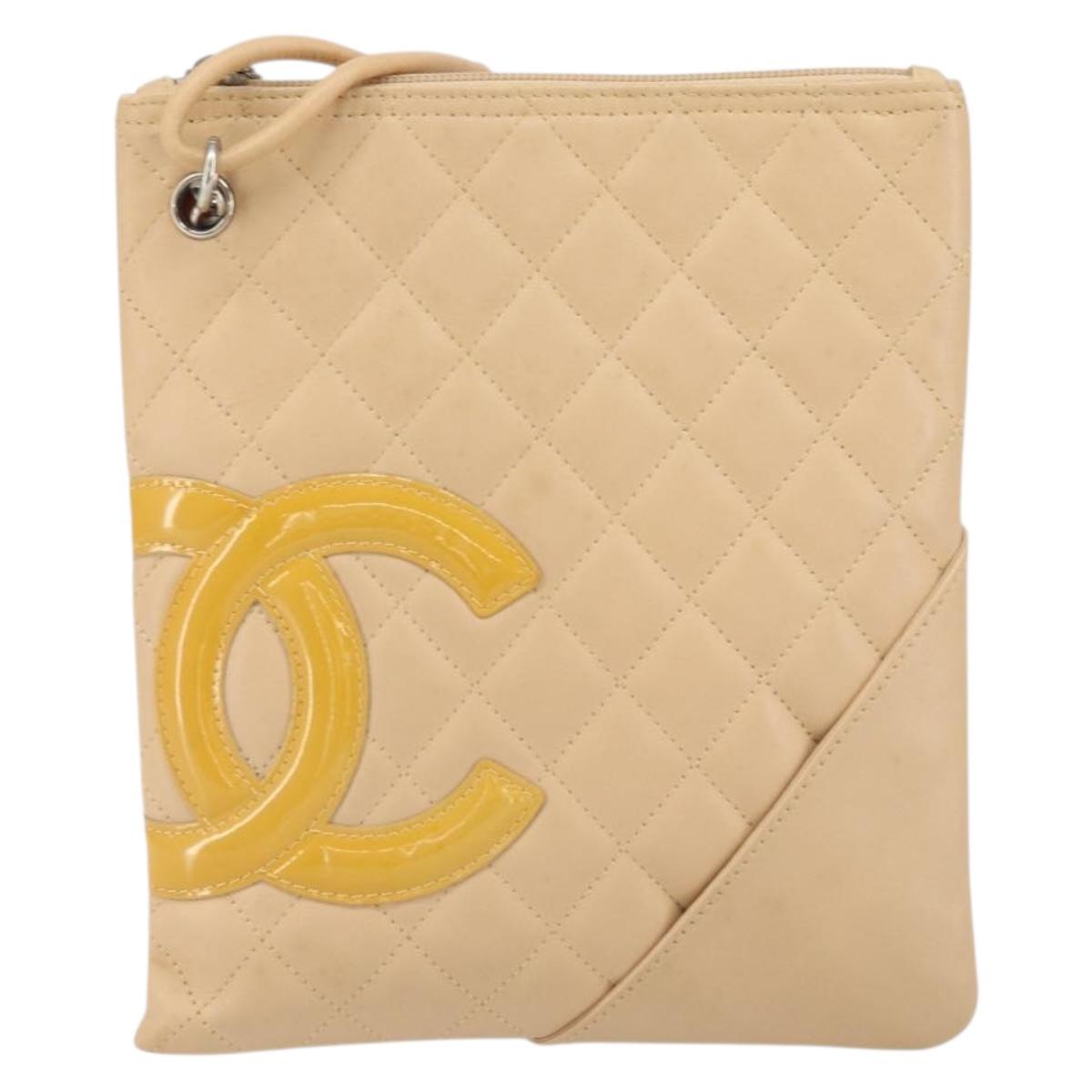 CHANEL Cambon Line Matelasse Shoulder Bag Leather Beige Silver CC Auth 163611A