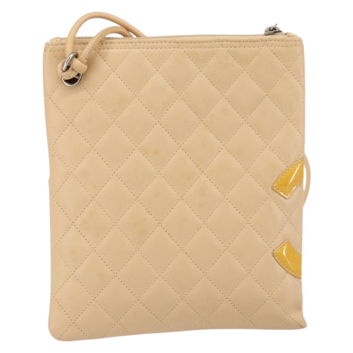 CHANEL Cambon Line Matelasse Shoulder Bag Leather Beige Silver CC Auth 163611A