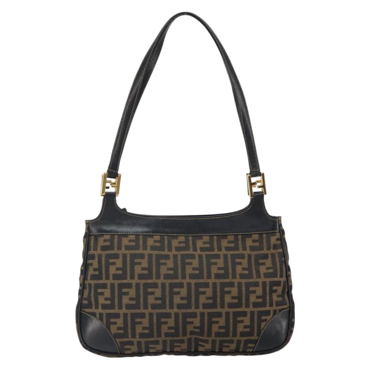 FENDI Zucca Canvas Shoulder Bag Black Brown Auth 163660