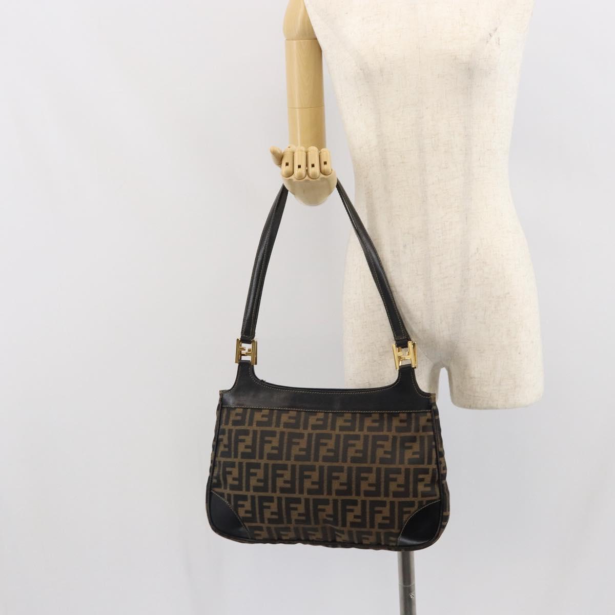 FENDI Zucca Canvas Shoulder Bag Black Brown Auth 163660