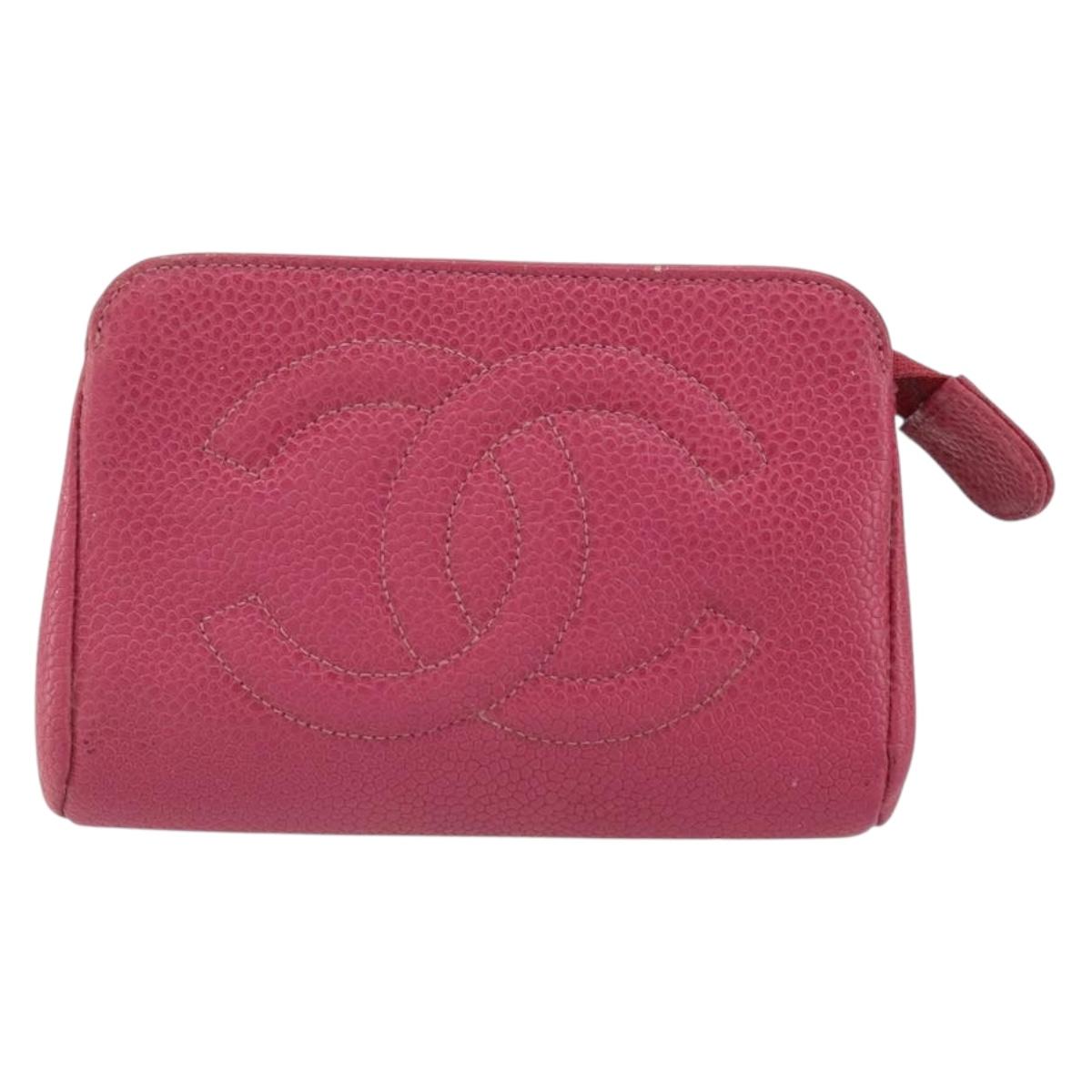 CHANEL COCO Mark Pouch Caviar Skin Pink Gold CC Auth 163727