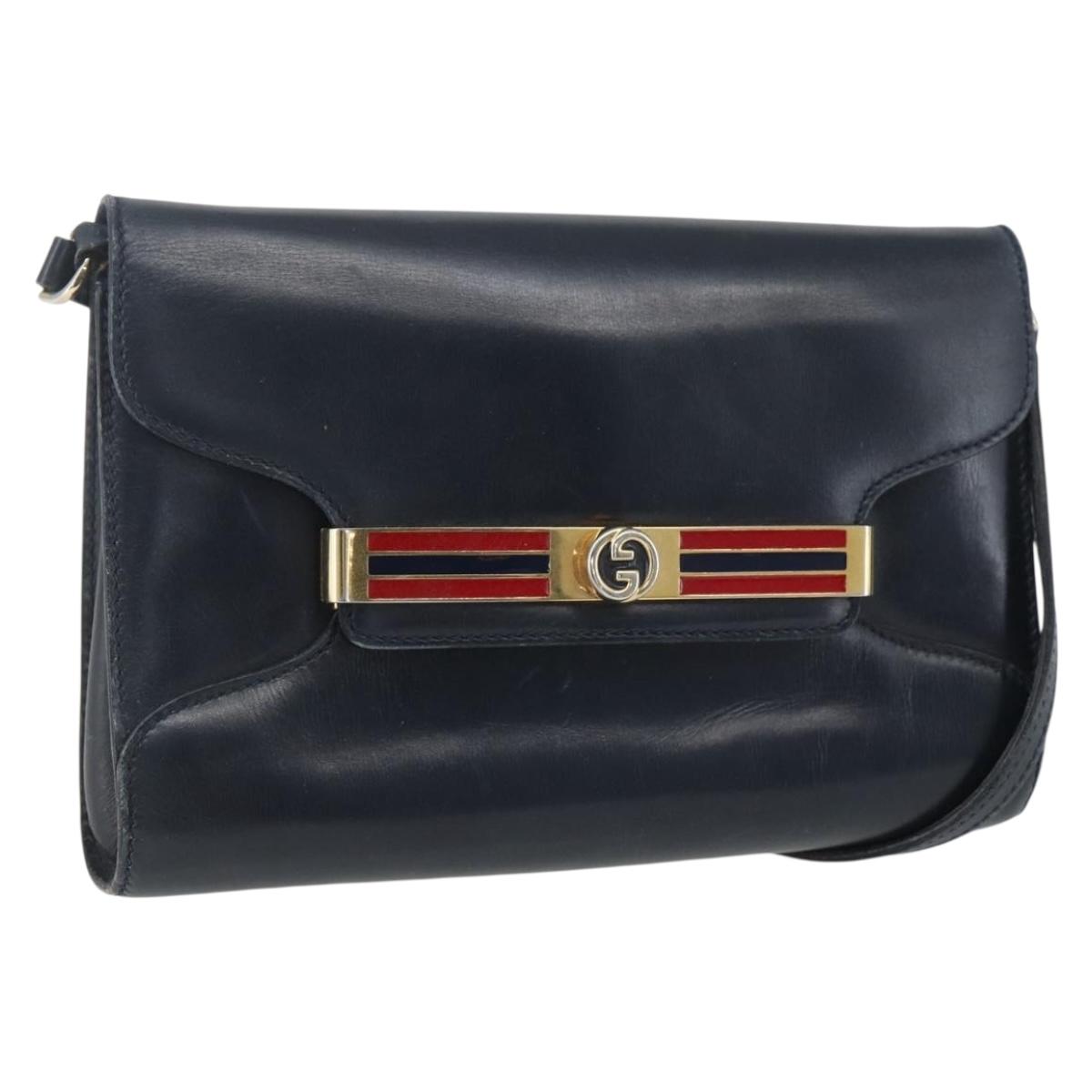 GUCCI Shoulder Bag Leather Navy Gold Auth 163760