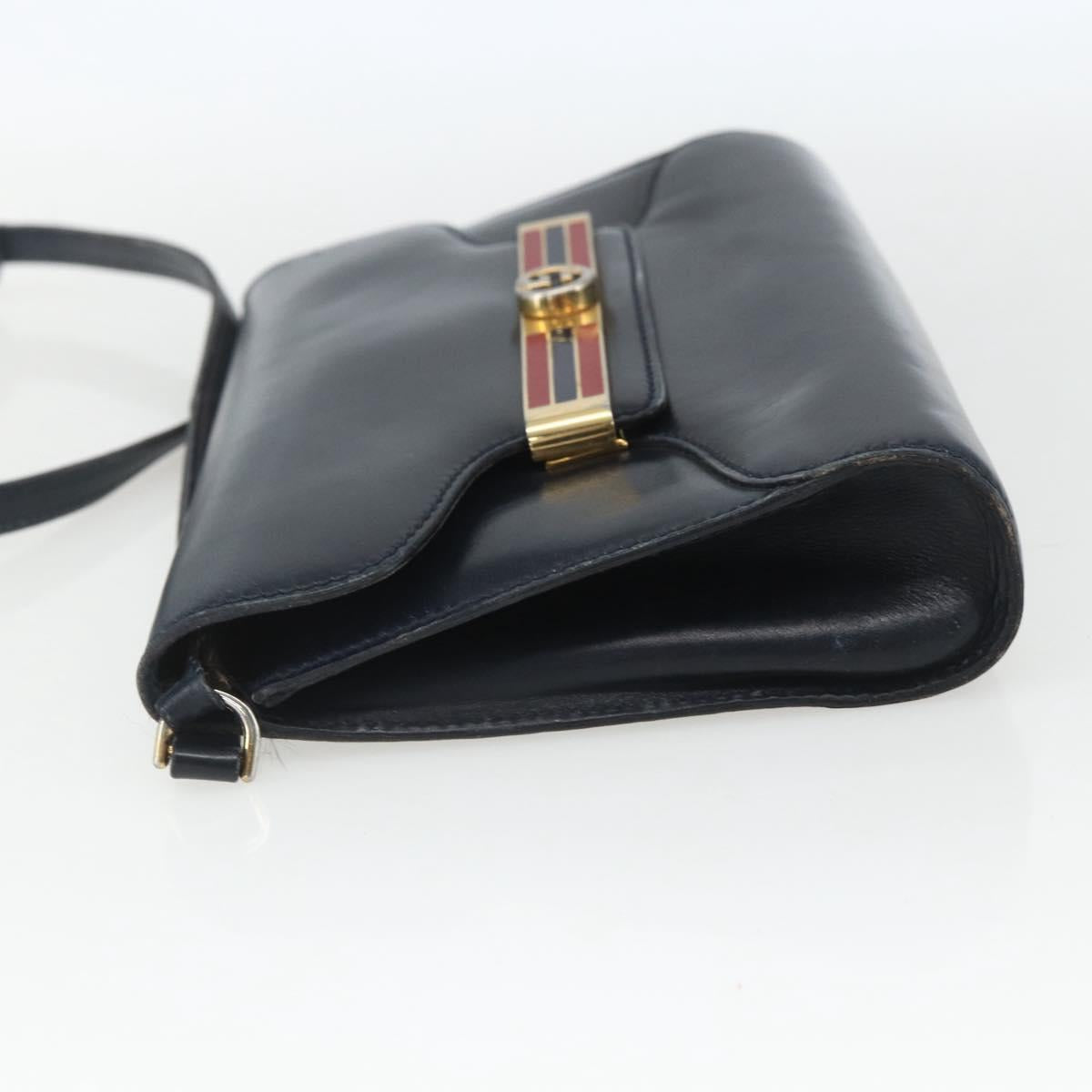 GUCCI Shoulder Bag Leather Navy Gold Auth 163760