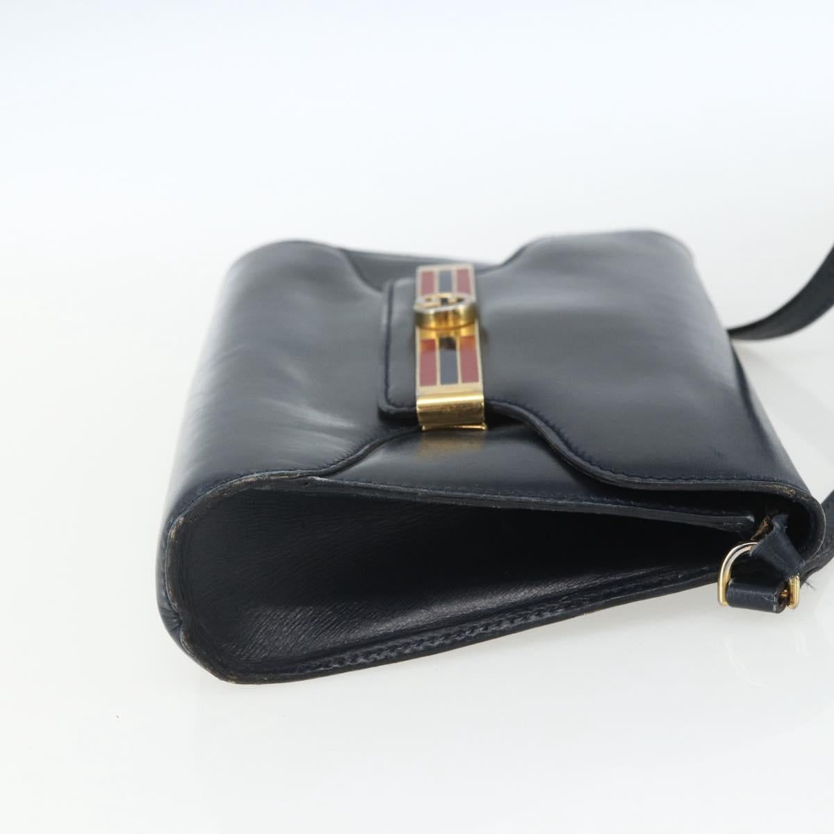 GUCCI Shoulder Bag Leather Navy Gold Auth 163760