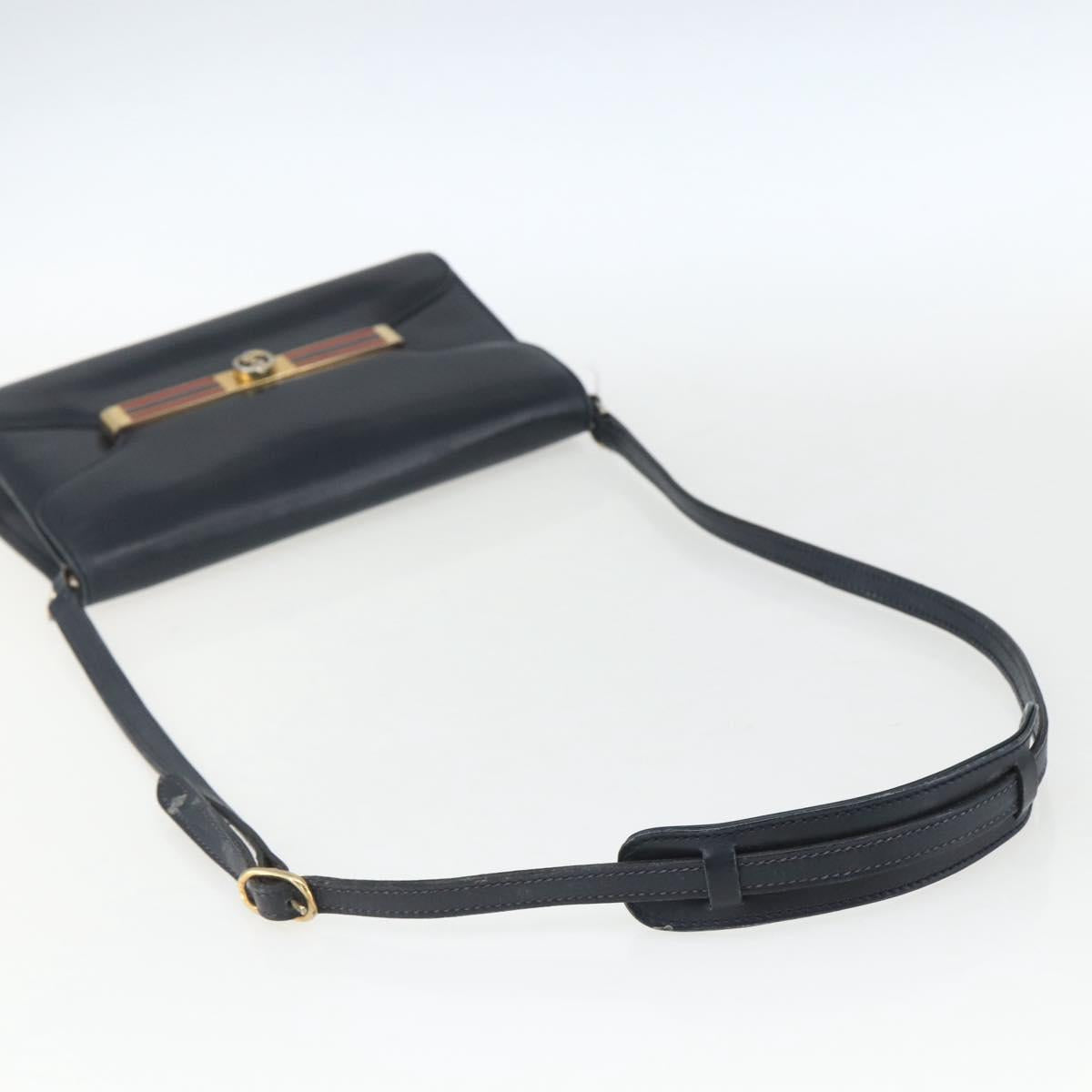 GUCCI Shoulder Bag Leather Navy Gold Auth 163760