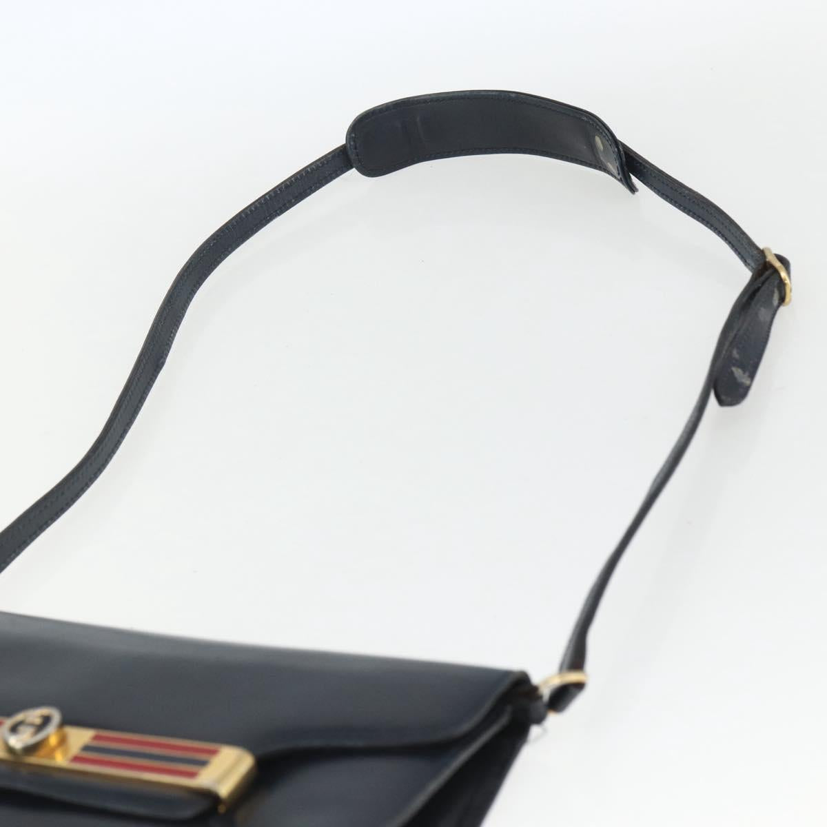GUCCI Shoulder Bag Leather Navy Gold Auth 163760