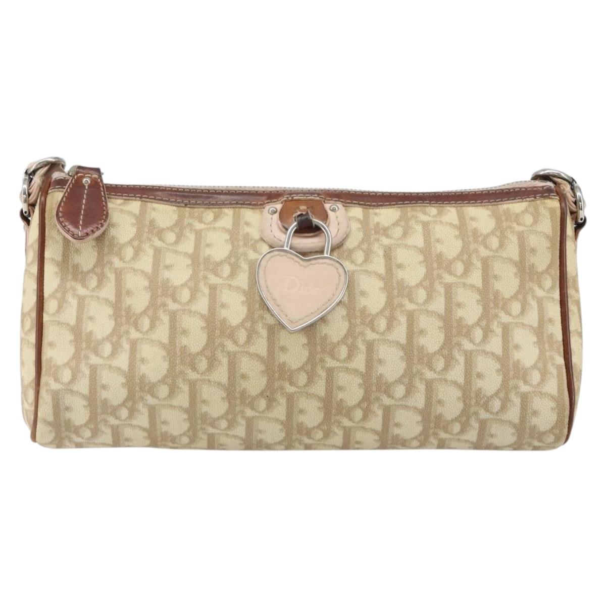 Christian Dior Trotter Canvas Romantic Shoulder Bag PVC Beige Silver Auth 163773
