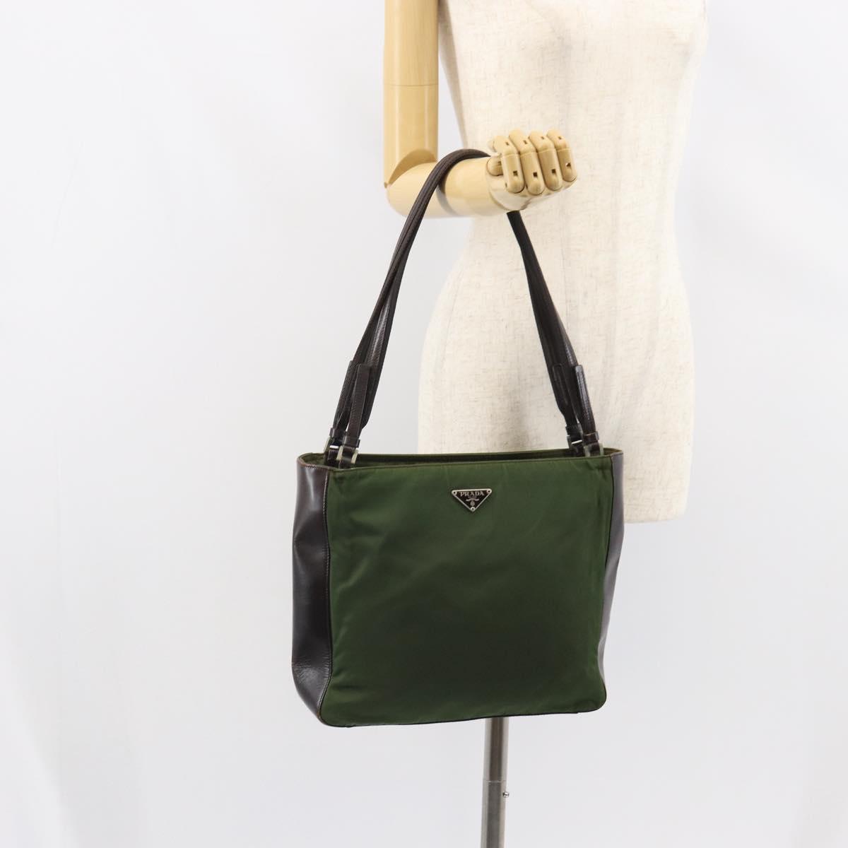 PRADA Tote Bag Nylon Khaki Silver Auth 163781