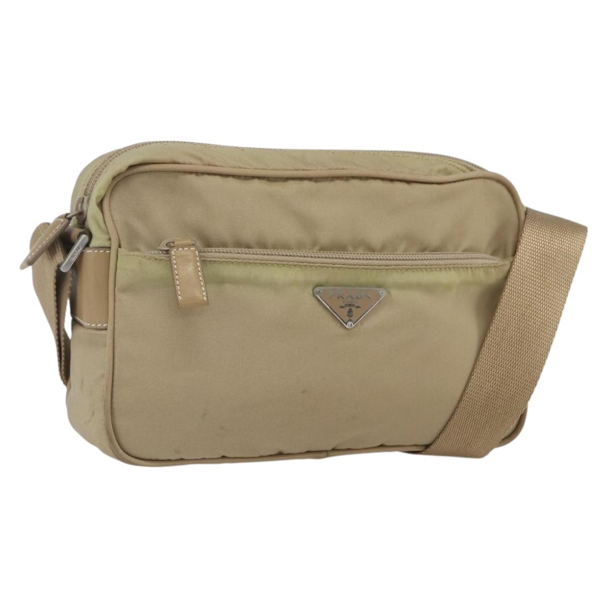 PRADA Shoulder Bag Nylon Beige Silver Auth 163803