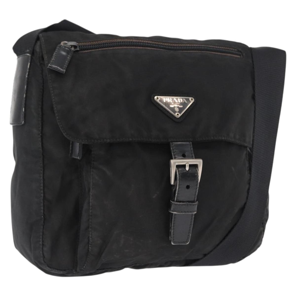 PRADA Shoulder Bag Nylon Black Silver Auth 163806