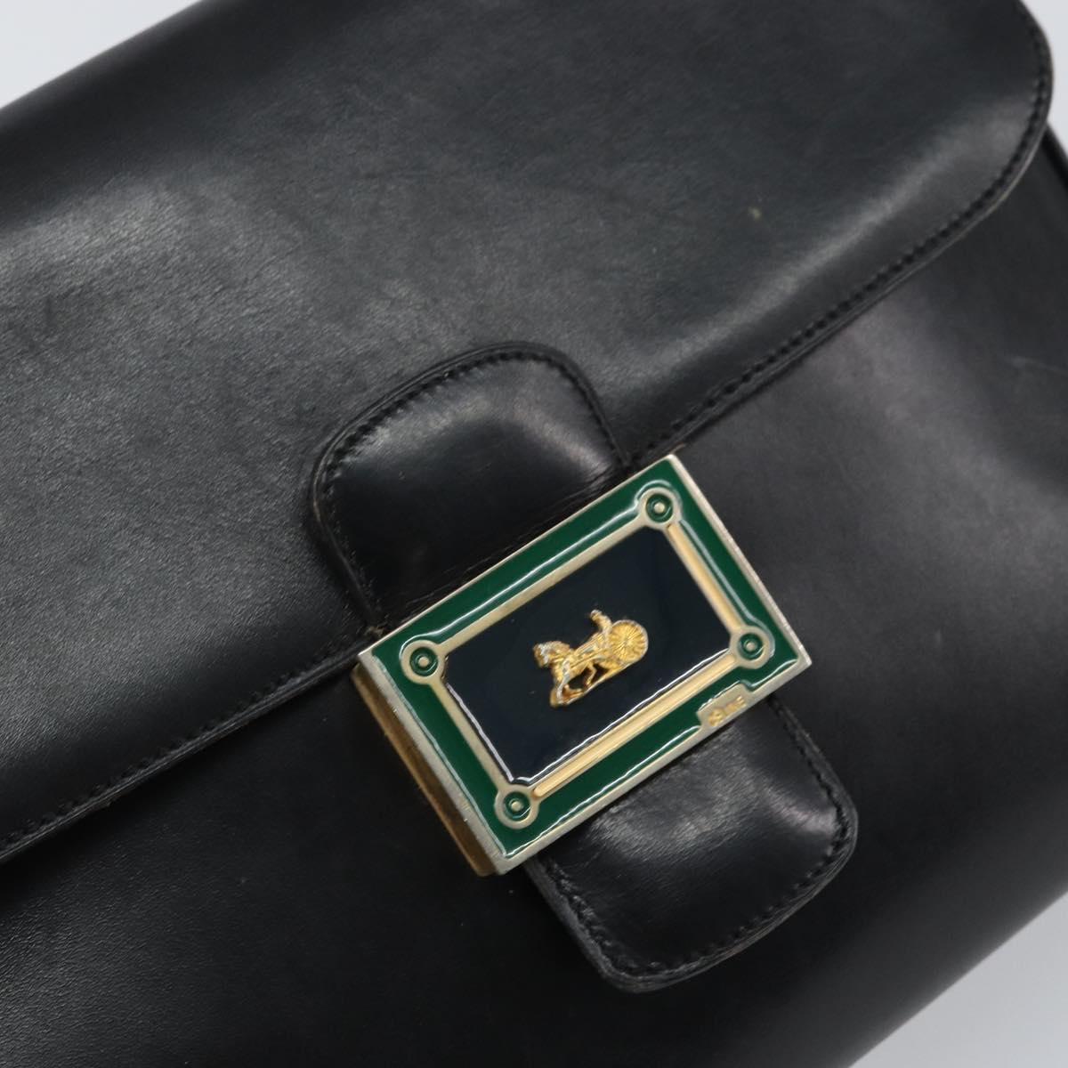 CELINE Horse Carriage Shoulder Bag Leather Black Gold Auth 163847