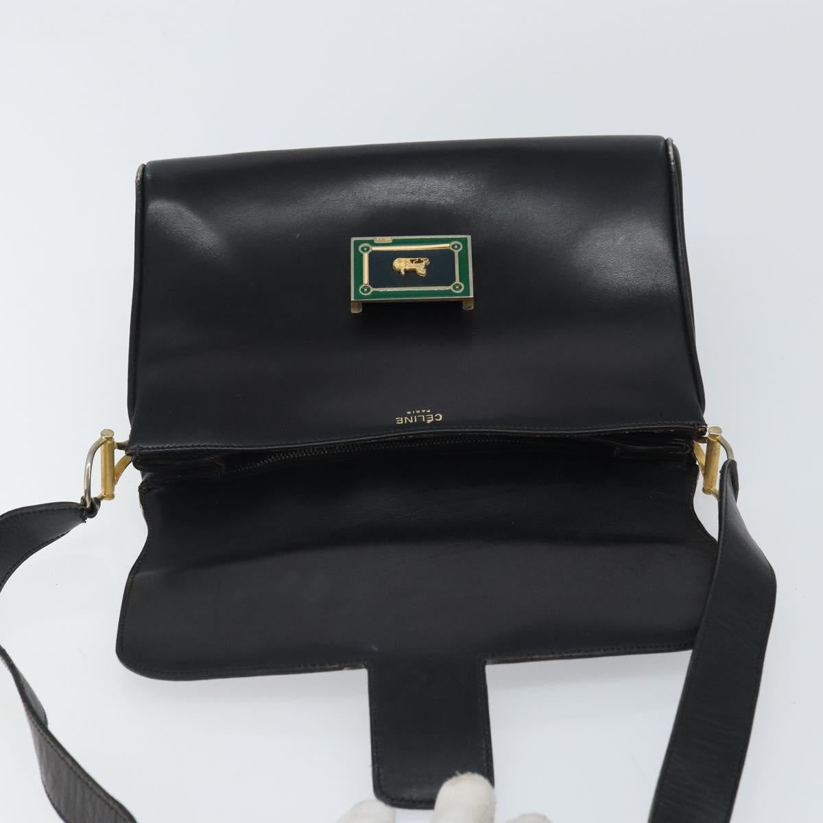 CELINE Horse Carriage Shoulder Bag Leather Black Gold Auth 163847