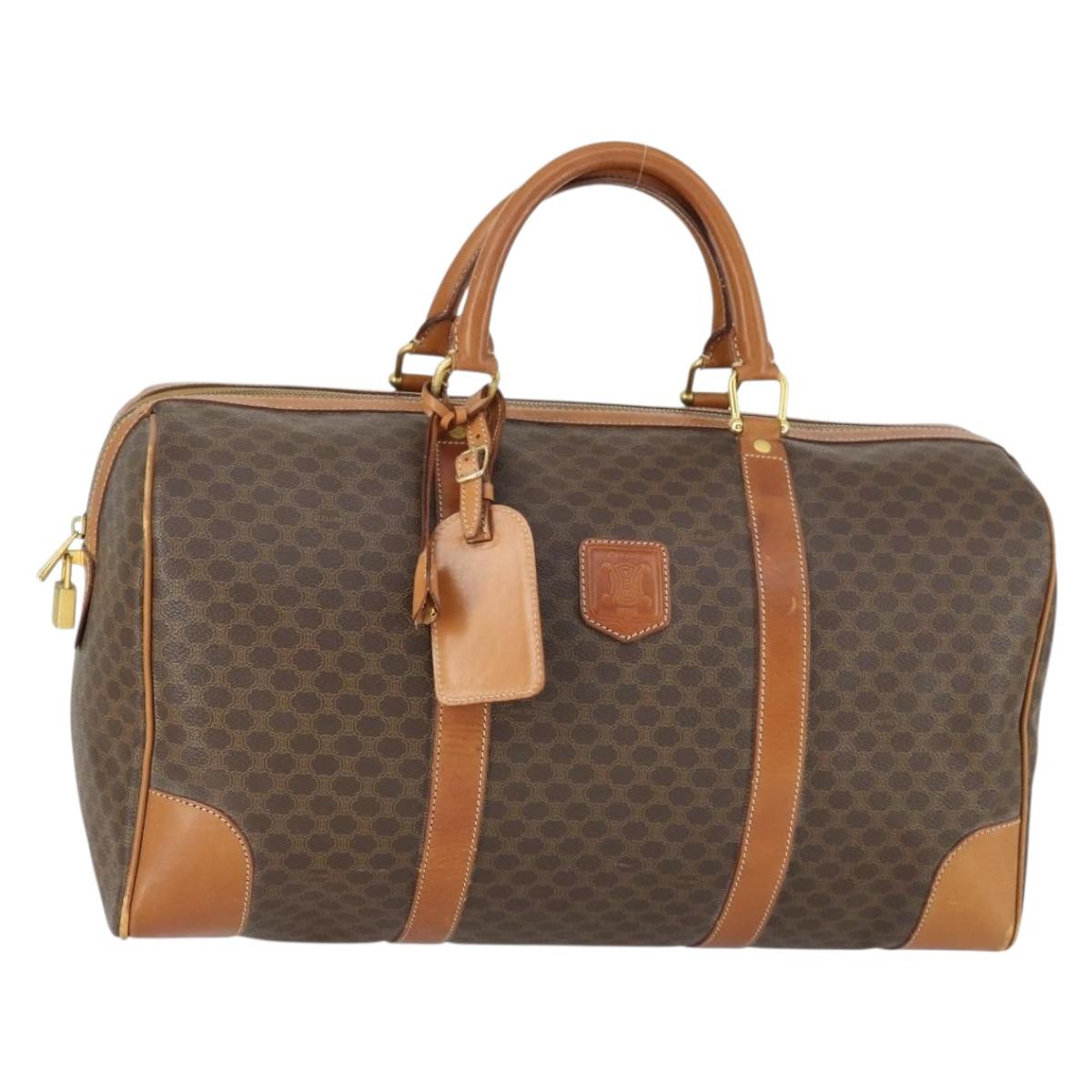CELINE Macadam Canvas Boston Bag PVC Leather Brown Gold Auth 163903