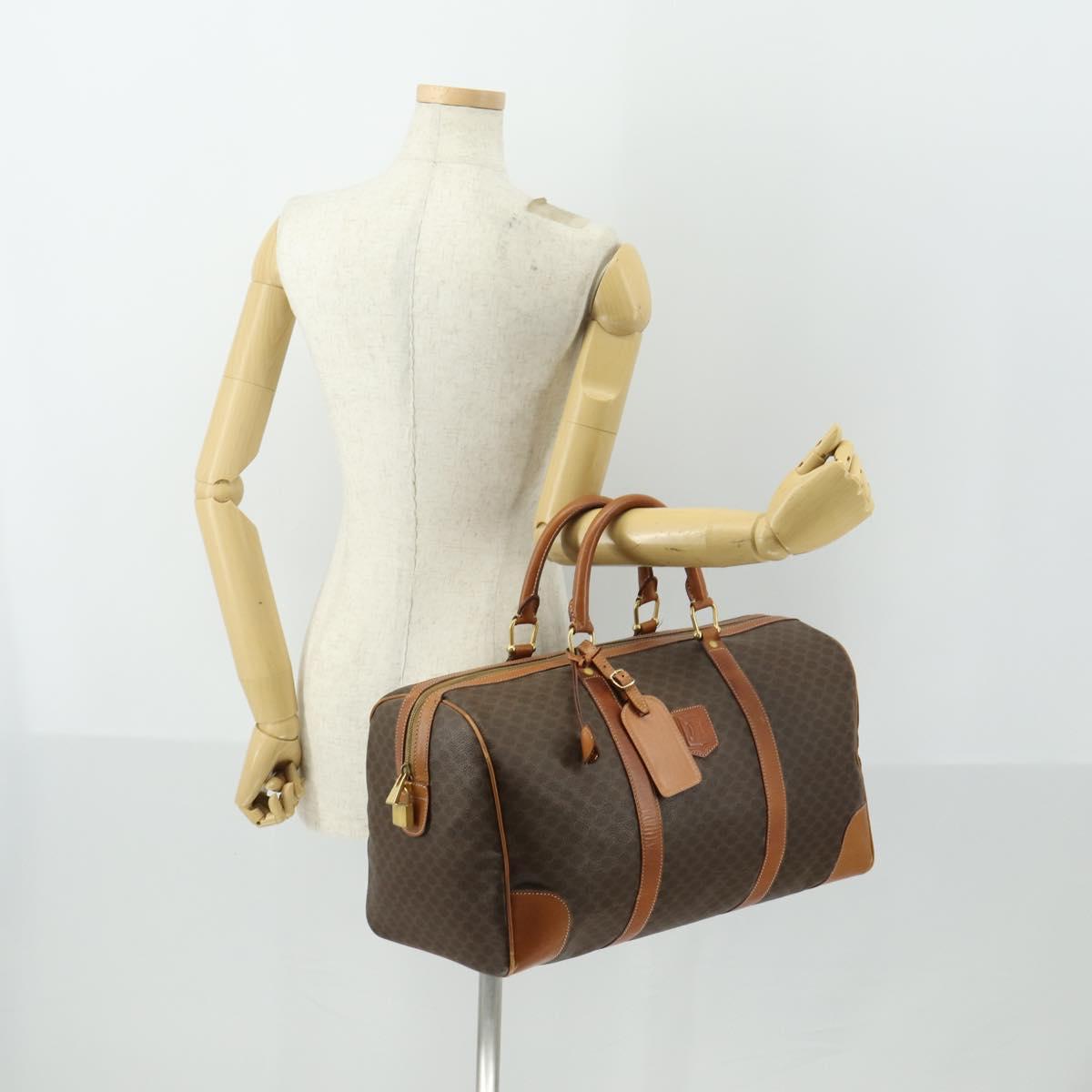 CELINE Macadam Canvas Boston Bag PVC Leather Brown Gold Auth 163903