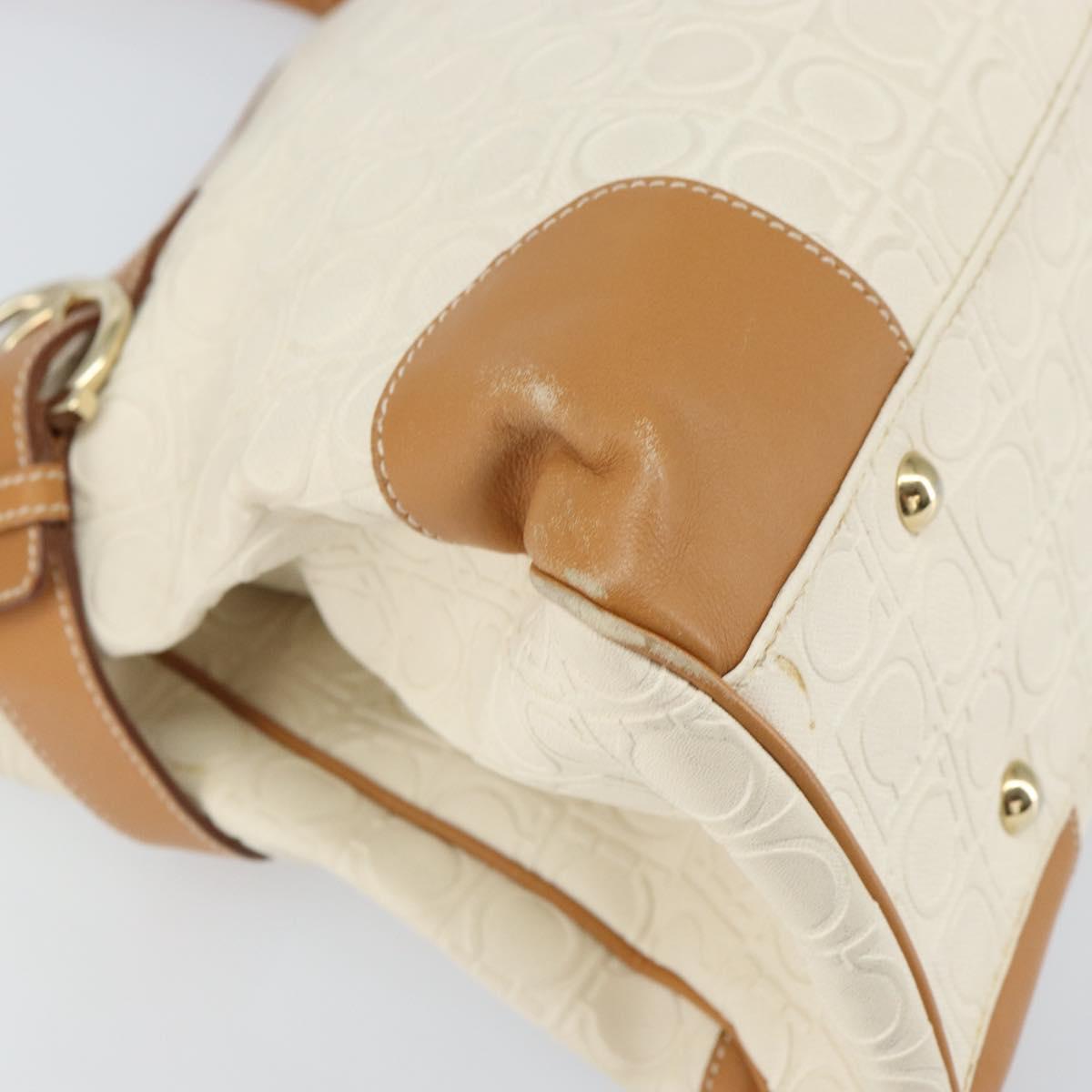 Salvatore Ferragamo Gancini Hand Bag Leather White Gold Auth 163937