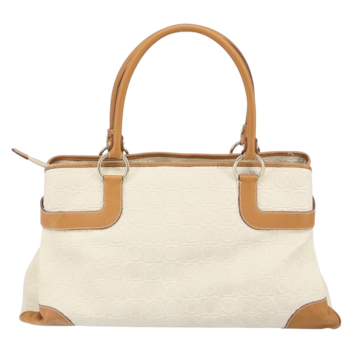 Salvatore Ferragamo Gancini Hand Bag Leather White Gold Auth 163937
