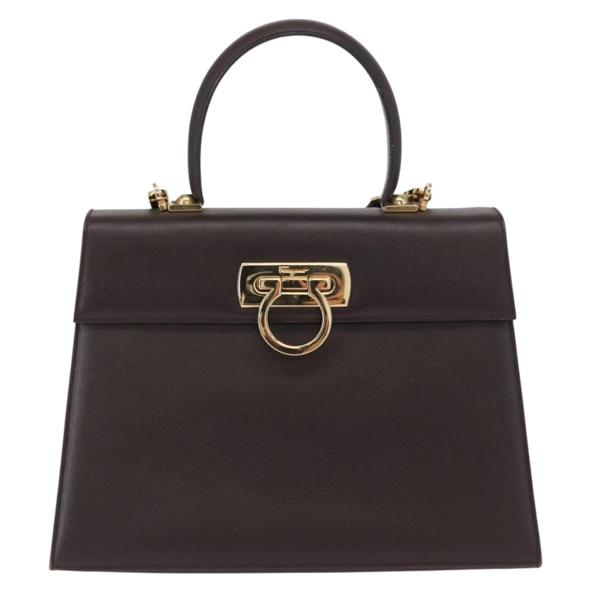 Salvatore Ferragamo Gancini Hand Bag Leather 2way Brown Gold Auth 163945