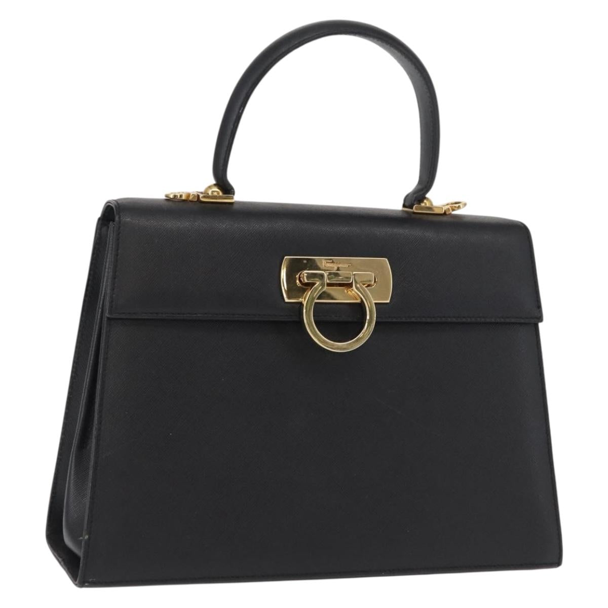 Salvatore Ferragamo Gancini Hand Bag Leather Black Gold Auth 163946