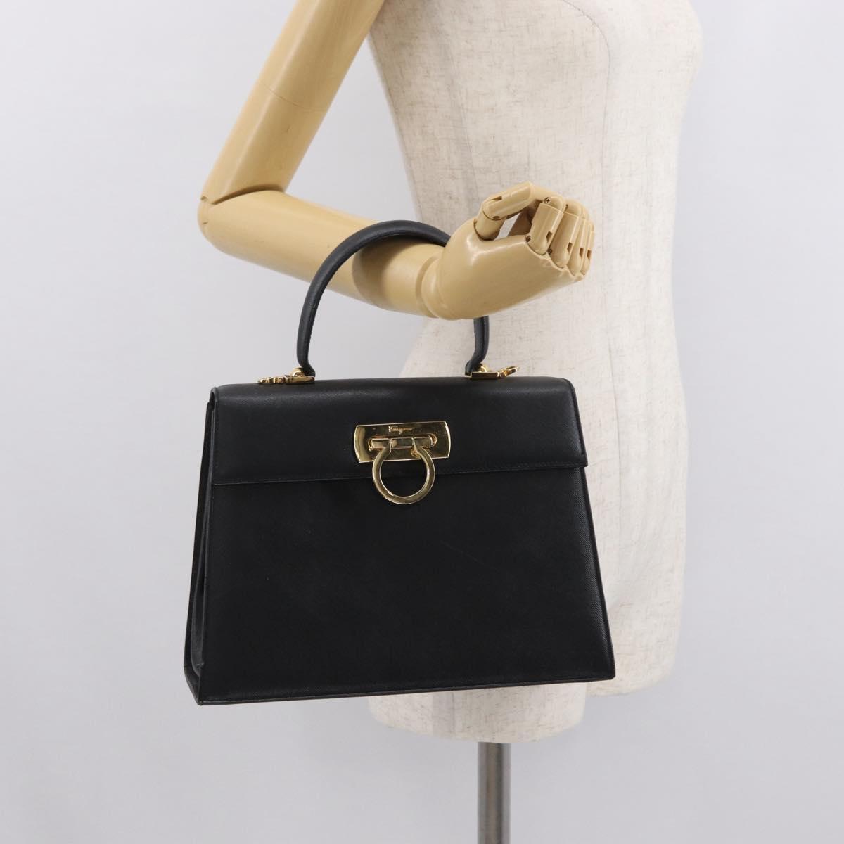Salvatore Ferragamo Gancini Hand Bag Leather Black Gold Auth 163946
