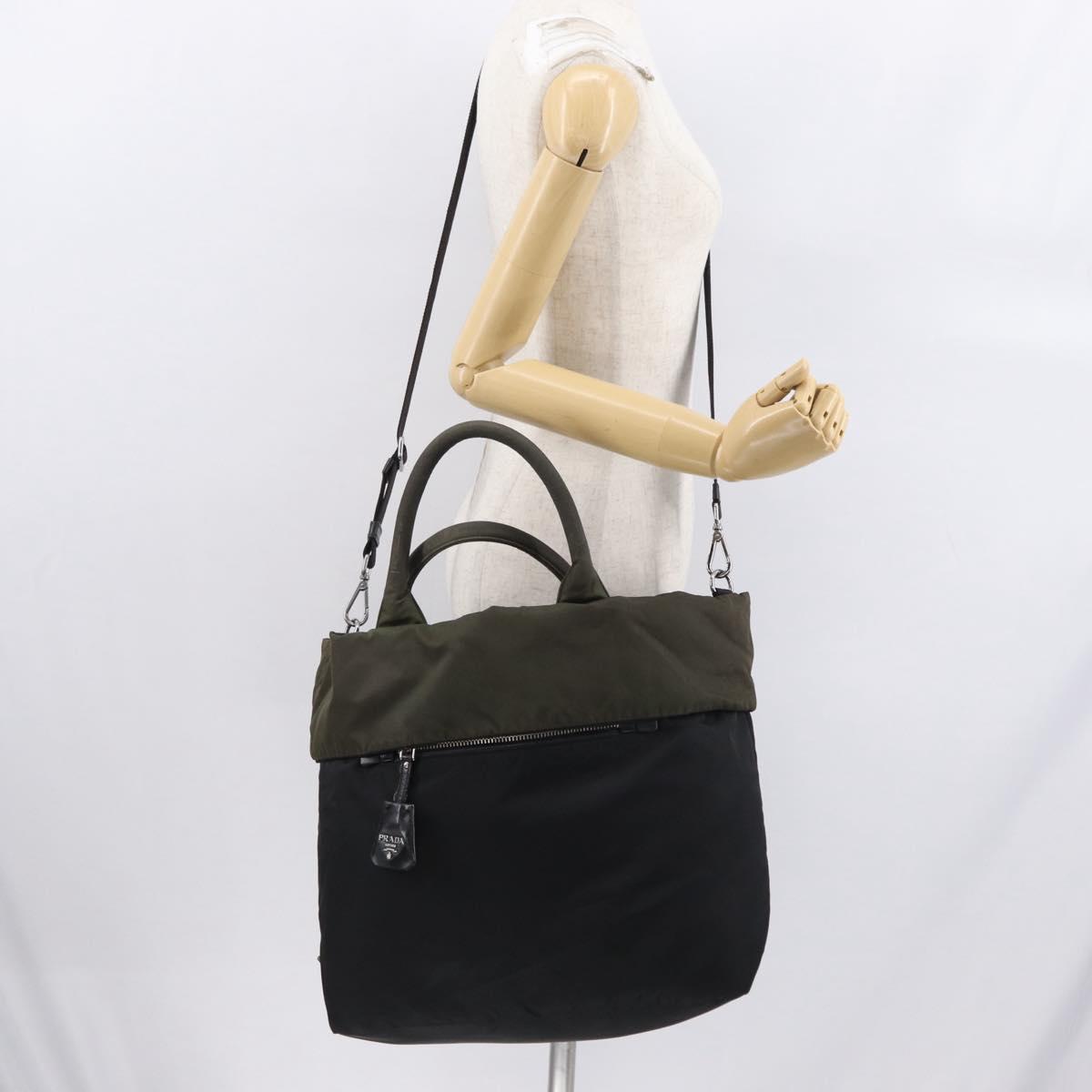 PRADA Hand Bag Nylon 2way Khaki Silver Auth 163952