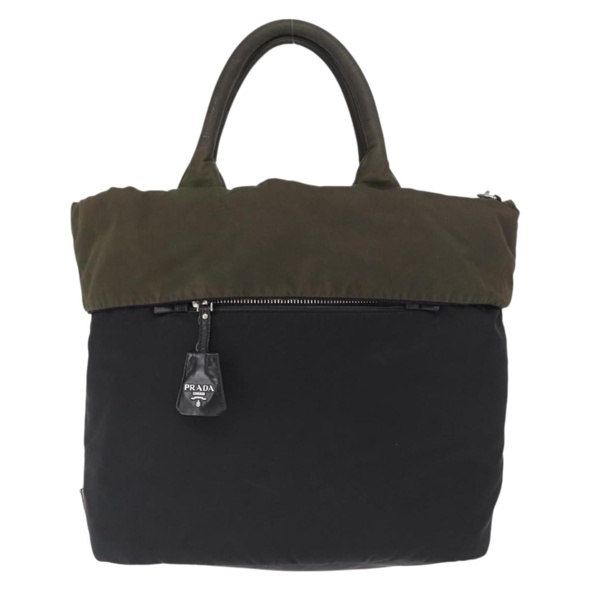 PRADA Hand Bag Nylon 2way Khaki Silver Auth 163952