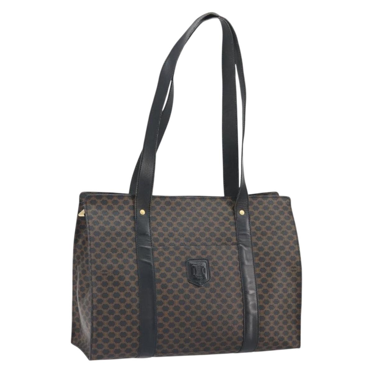 CELINE Macadam Canvas Tote Bag PVC Leather Black Gold Auth 163955