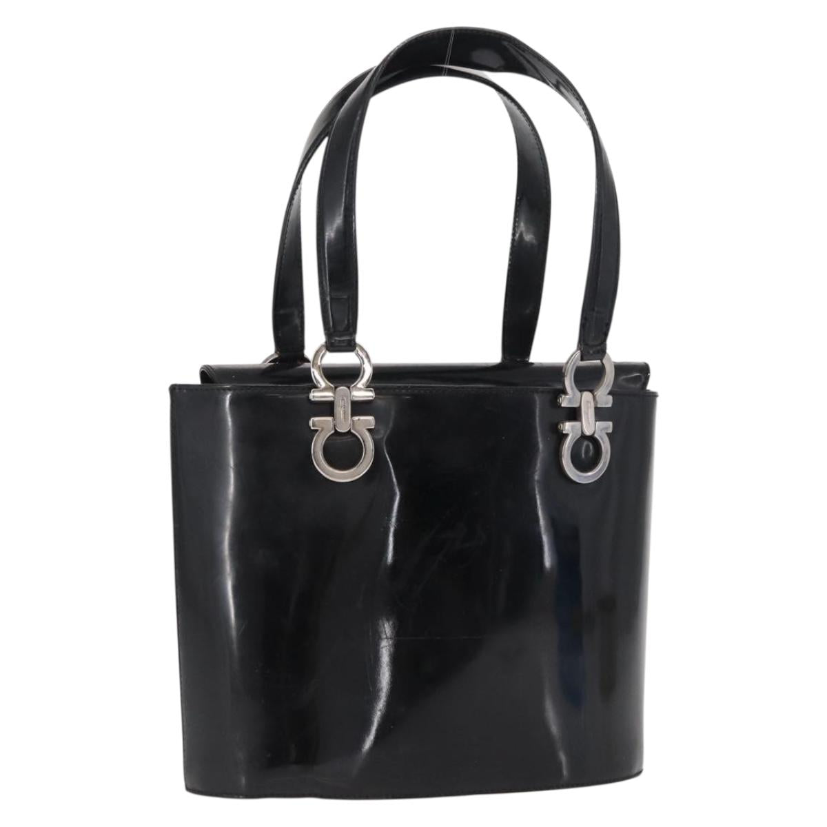 Salvatore Ferragamo Hand Bag Patent leather Black Silver Auth 163984