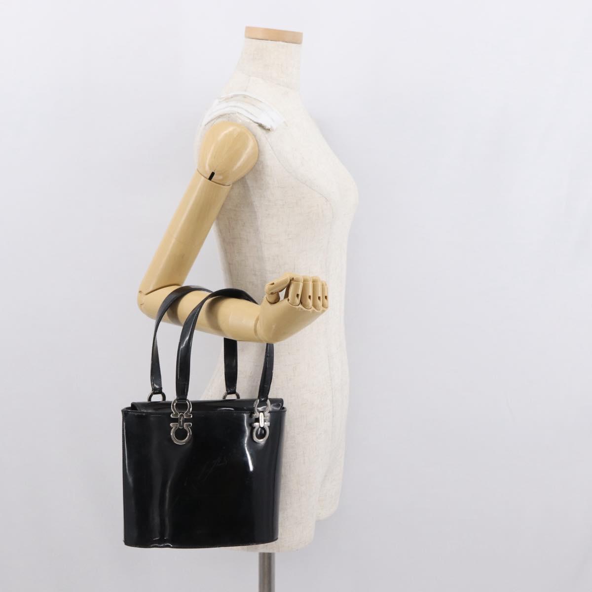 Salvatore Ferragamo Hand Bag Patent leather Black Silver Auth 163984