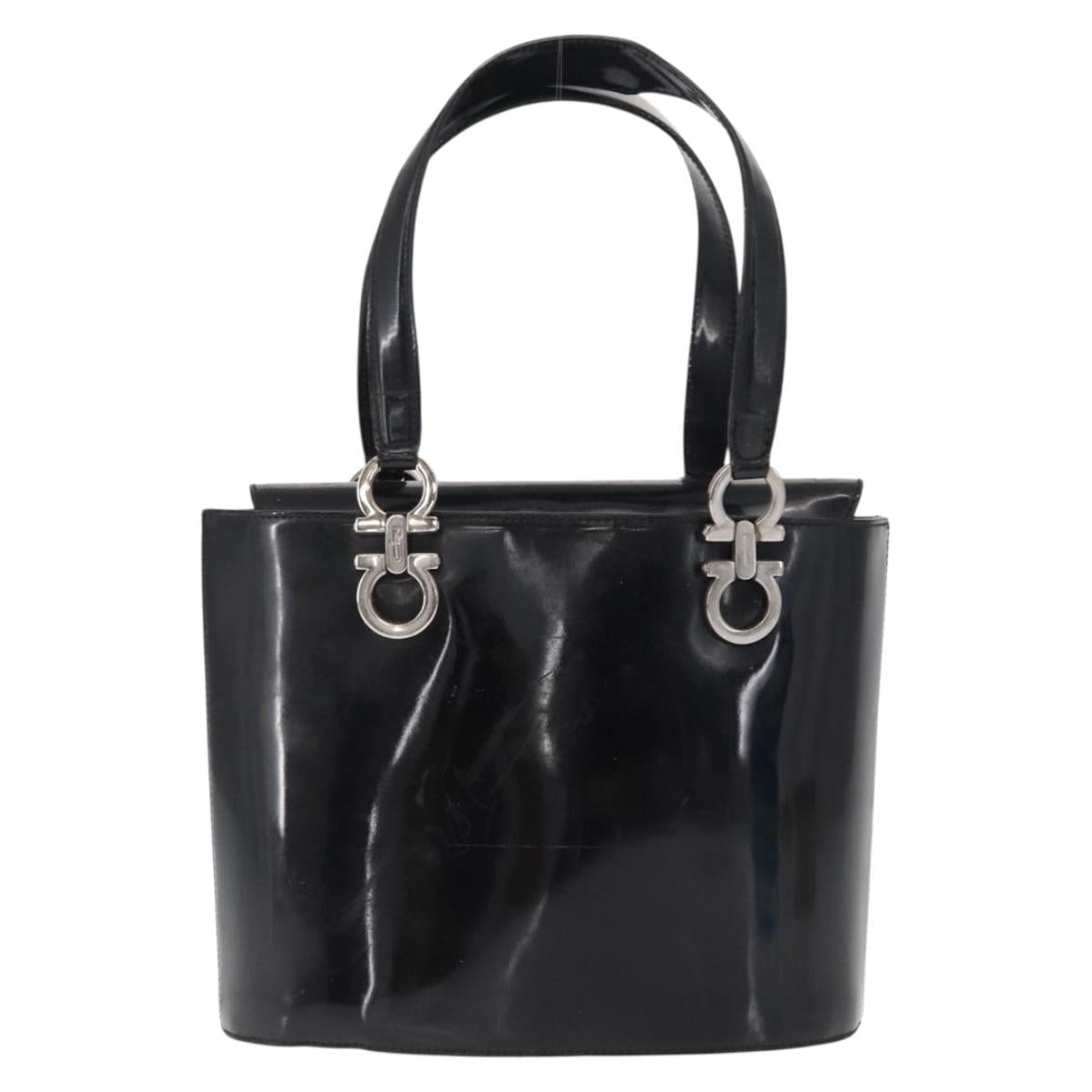 Salvatore Ferragamo Hand Bag Patent leather Black Silver Auth 163984