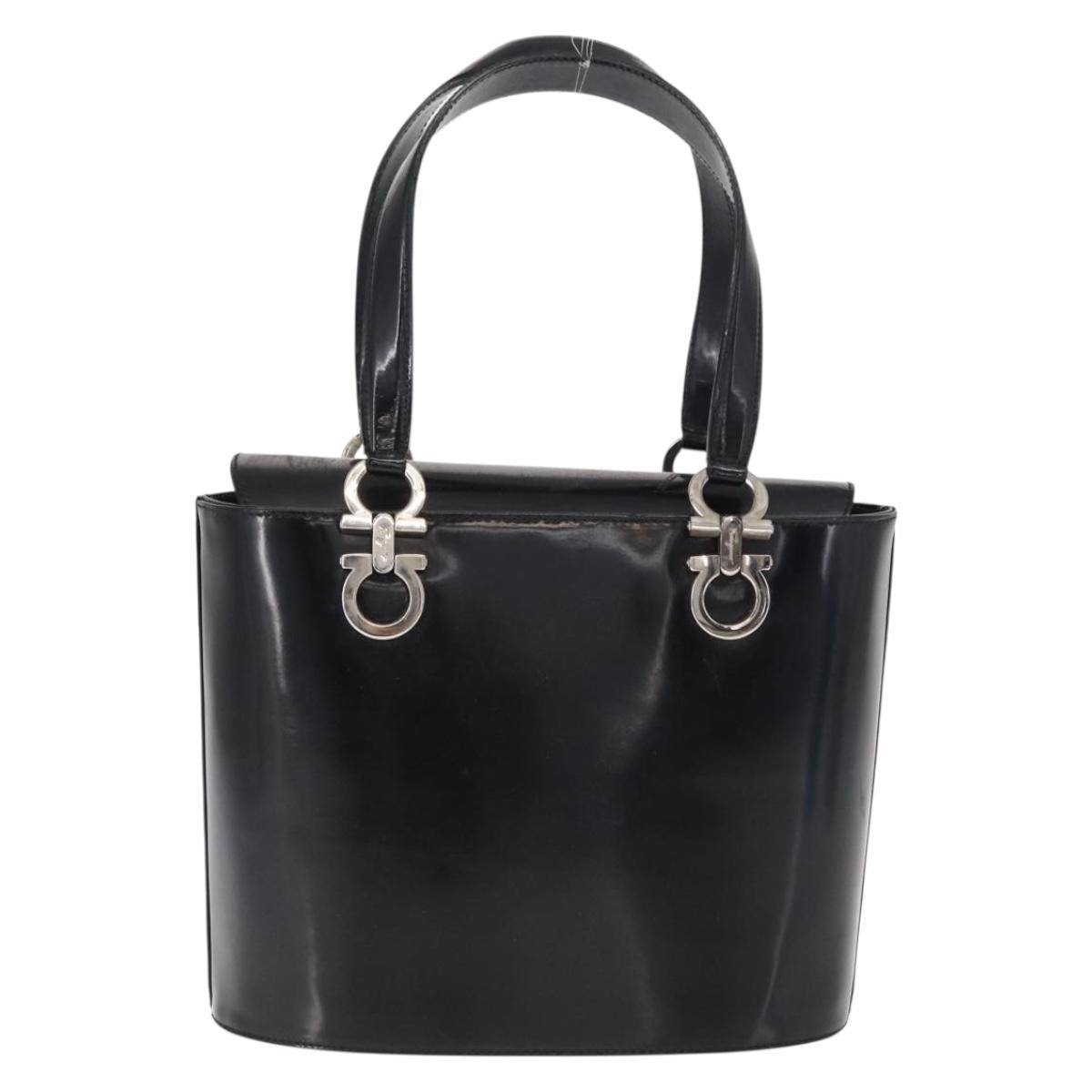 Salvatore Ferragamo Hand Bag Patent leather Black Silver Auth 163984