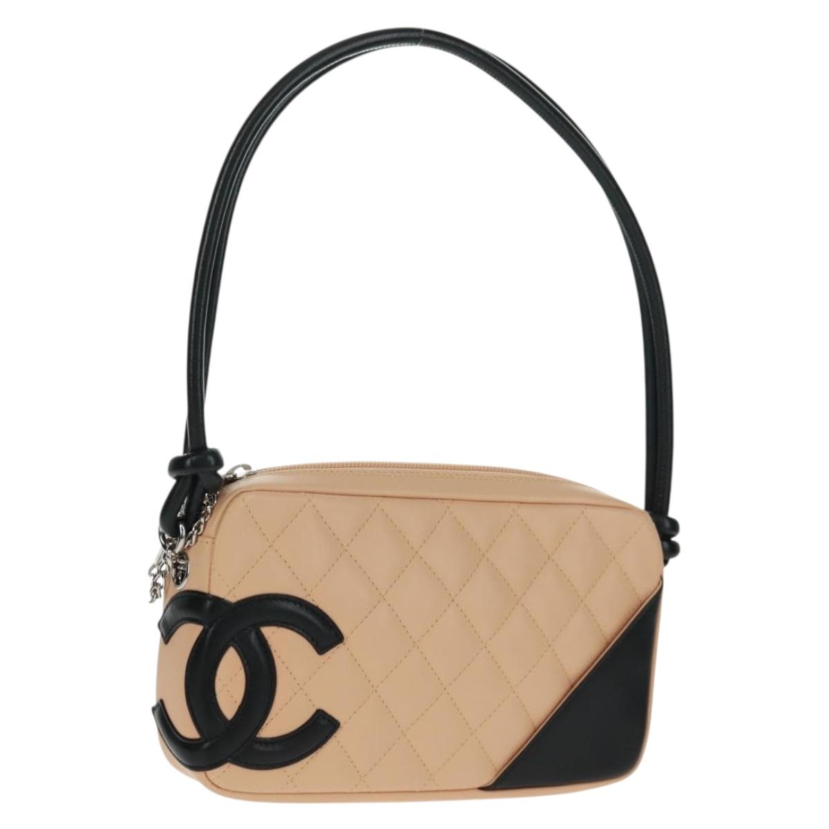 CHANEL Cambon Line Matelasse Bag Lamb Skin Beige Black CC Auth 164004SAM
