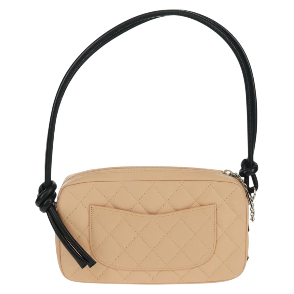 CHANEL Cambon Line Matelasse Bag Lamb Skin Beige Black CC Auth 164004SAM