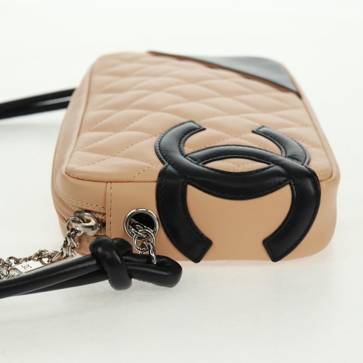 CHANEL Cambon Line Matelasse Bag Lamb Skin Beige Black CC Auth 164004SAM