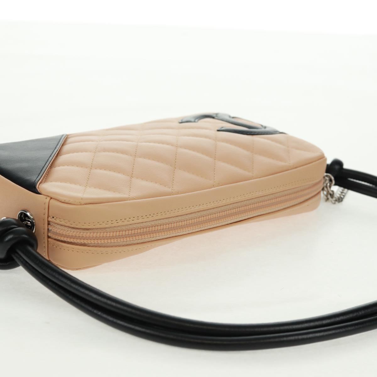 CHANEL Cambon Line Matelasse Bag Lamb Skin Beige Black CC Auth 164004SAM
