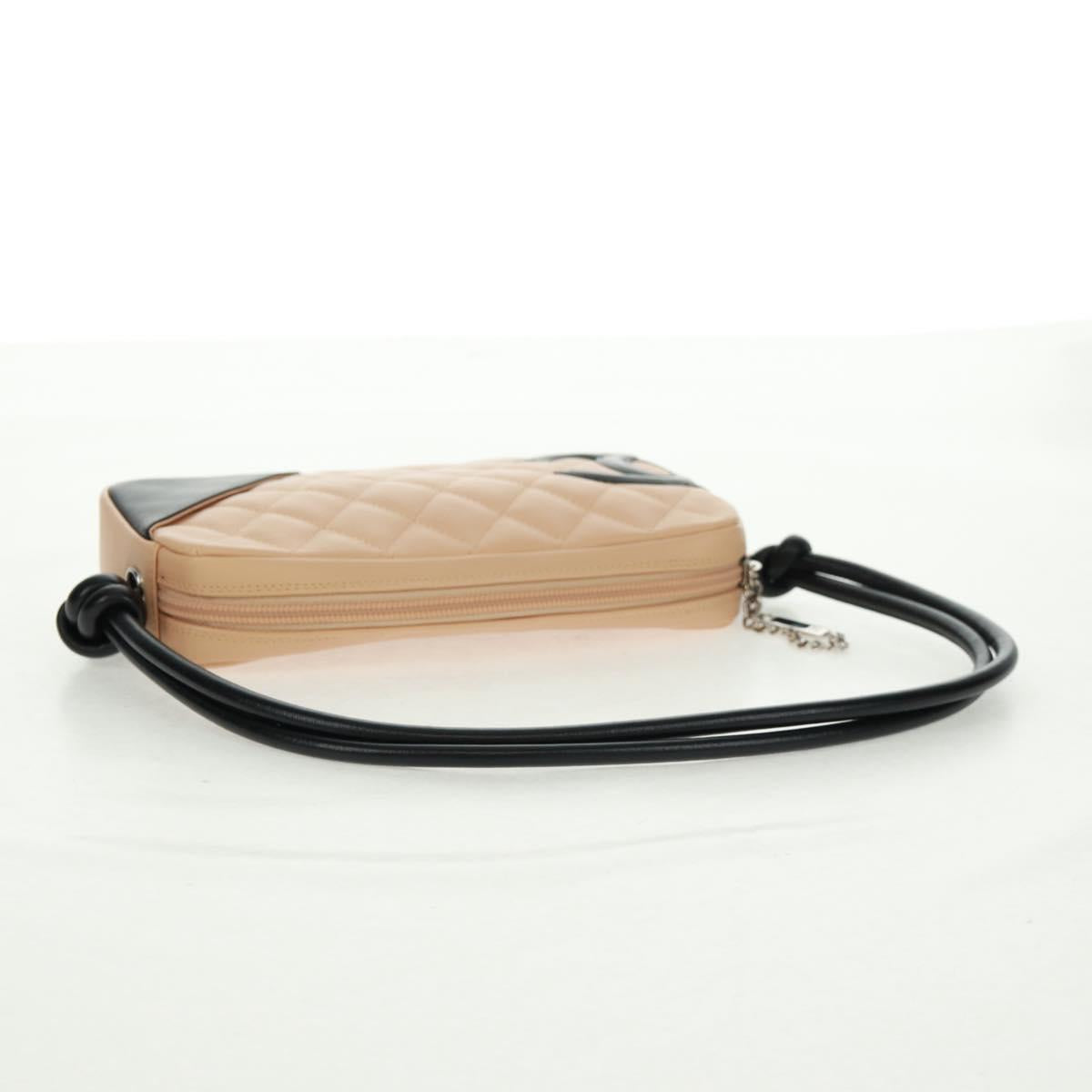 CHANEL Cambon Line Matelasse Bag Lamb Skin Beige Black CC Auth 164004SAM