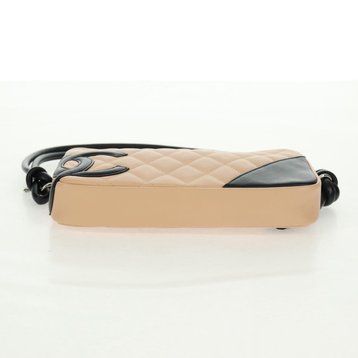 CHANEL Cambon Line Matelasse Bag Lamb Skin Beige Black CC Auth 164004SAM