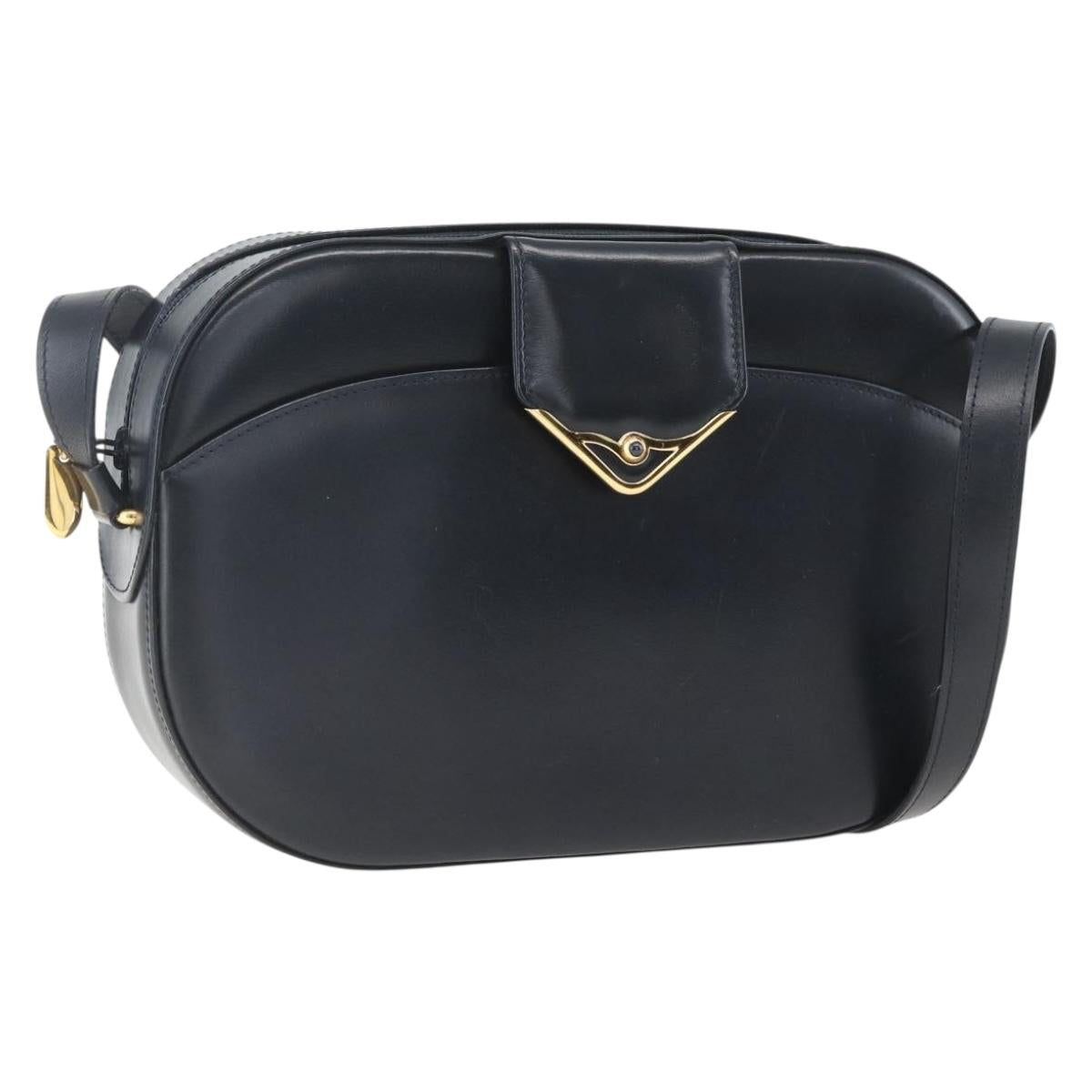 CARTIER Shoulder Bag Leather Navy Gold Auth 164015V