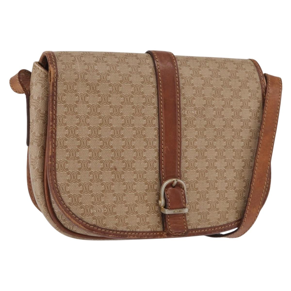 CELINE Macadam Canvas Shoulder Bag PVC Beige Gold Auth 164019