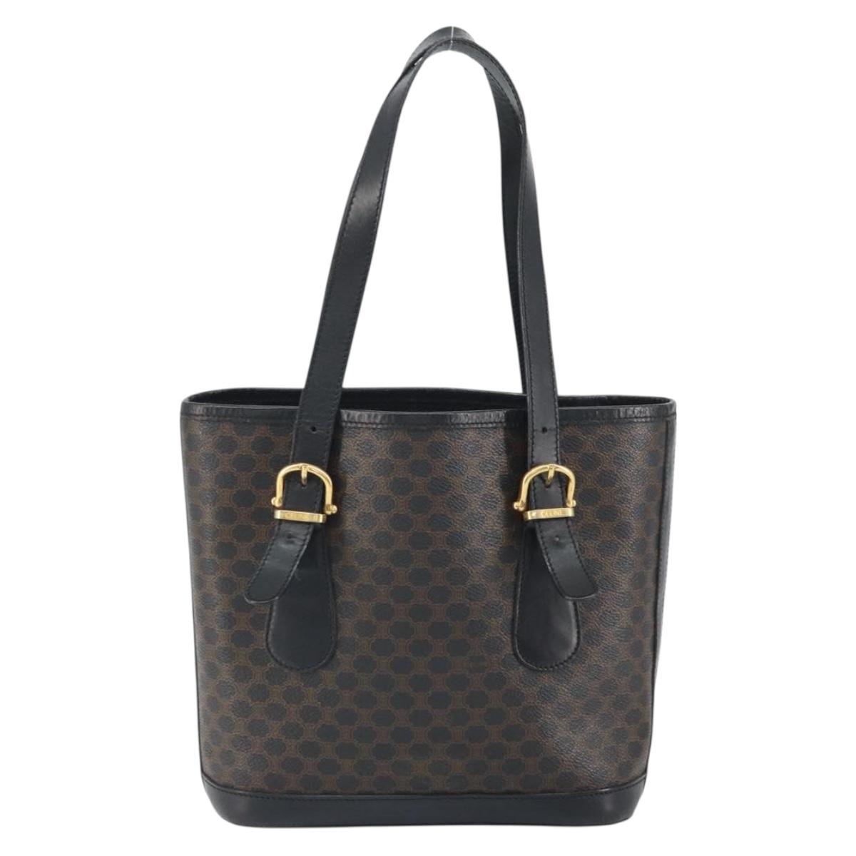 CELINE Macadam Canvas Shoulder Bag PVC Leather Black Gold Auth 164025