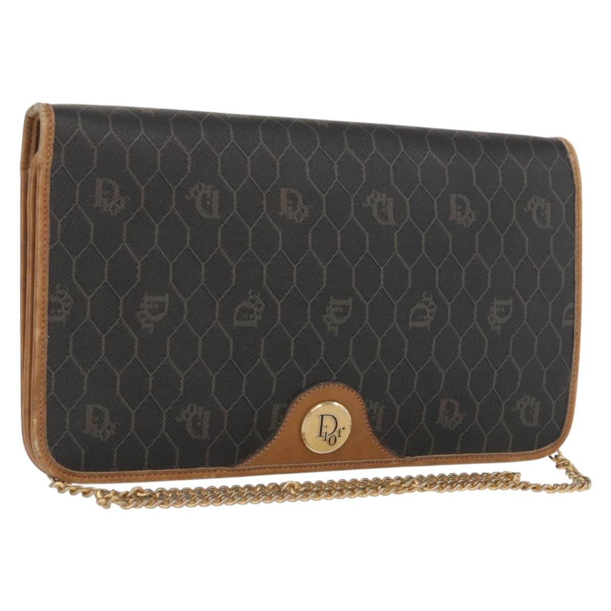 Christian Dior Honeycomb Canvas Chain Shoulder Bag PVC Gray Gold Auth 164065