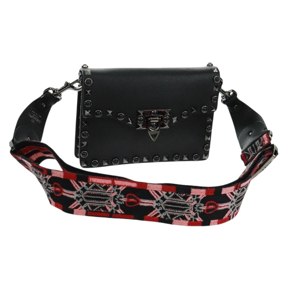VALENTINO Rock Studs Shoulder Bag Leather Black Silver Auth 164070SAV