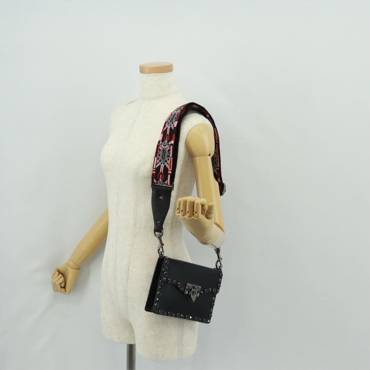 VALENTINO Rock Studs Shoulder Bag Leather Black Silver Auth 164070SAV