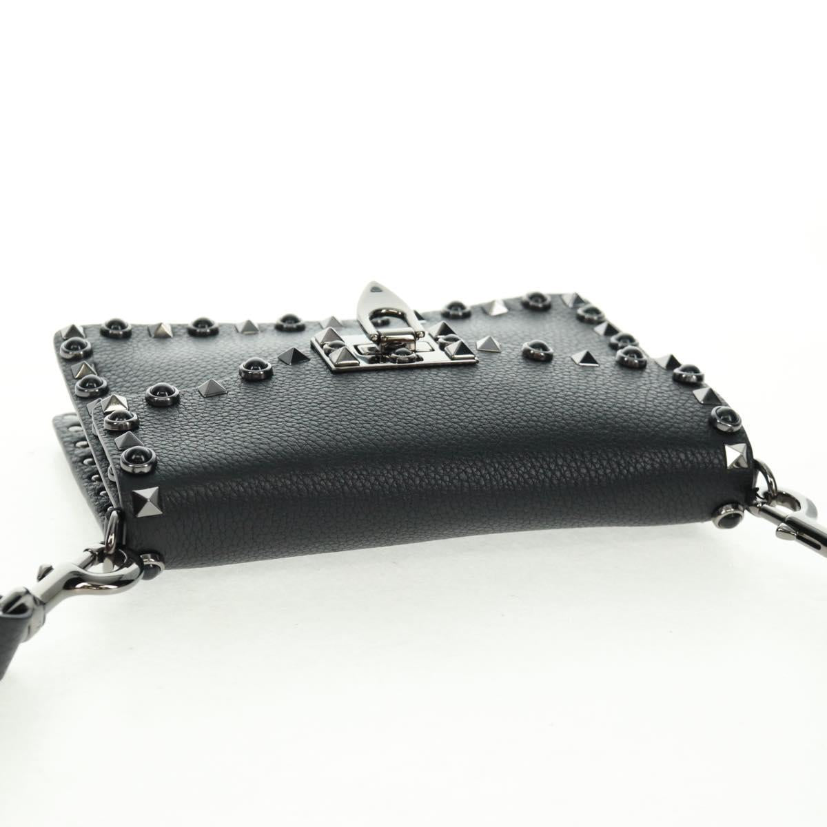 VALENTINO Rock Studs Shoulder Bag Leather Black Silver Auth 164070SAV