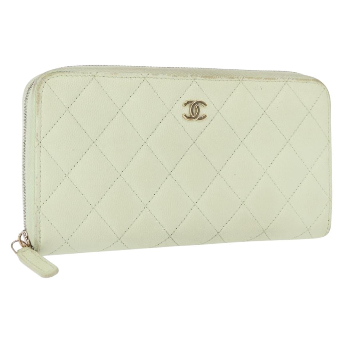CHANEL Long Wallet Caviar Skin Green Gold CC Auth 164071A