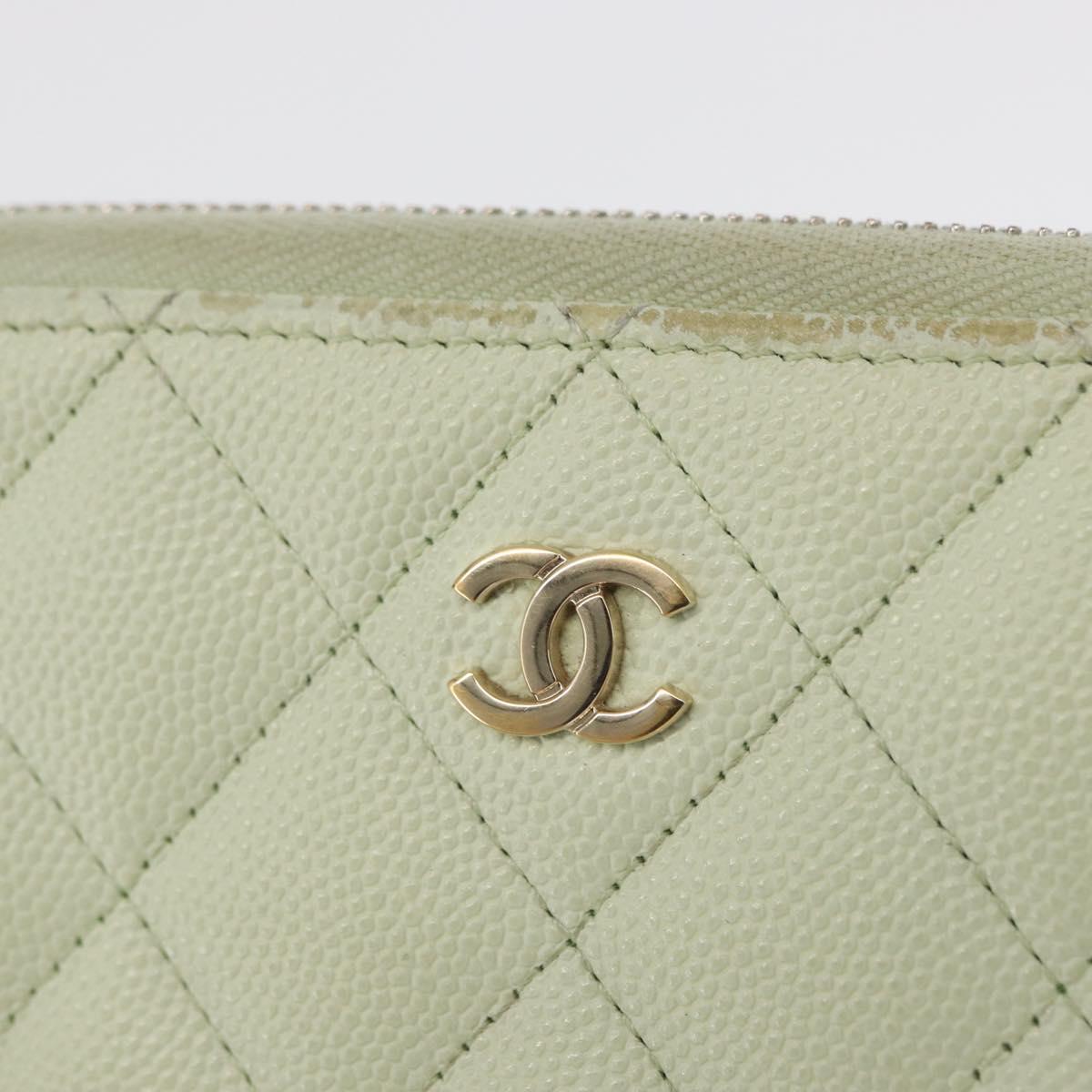 CHANEL Long Wallet Caviar Skin Green Gold CC Auth 164071A