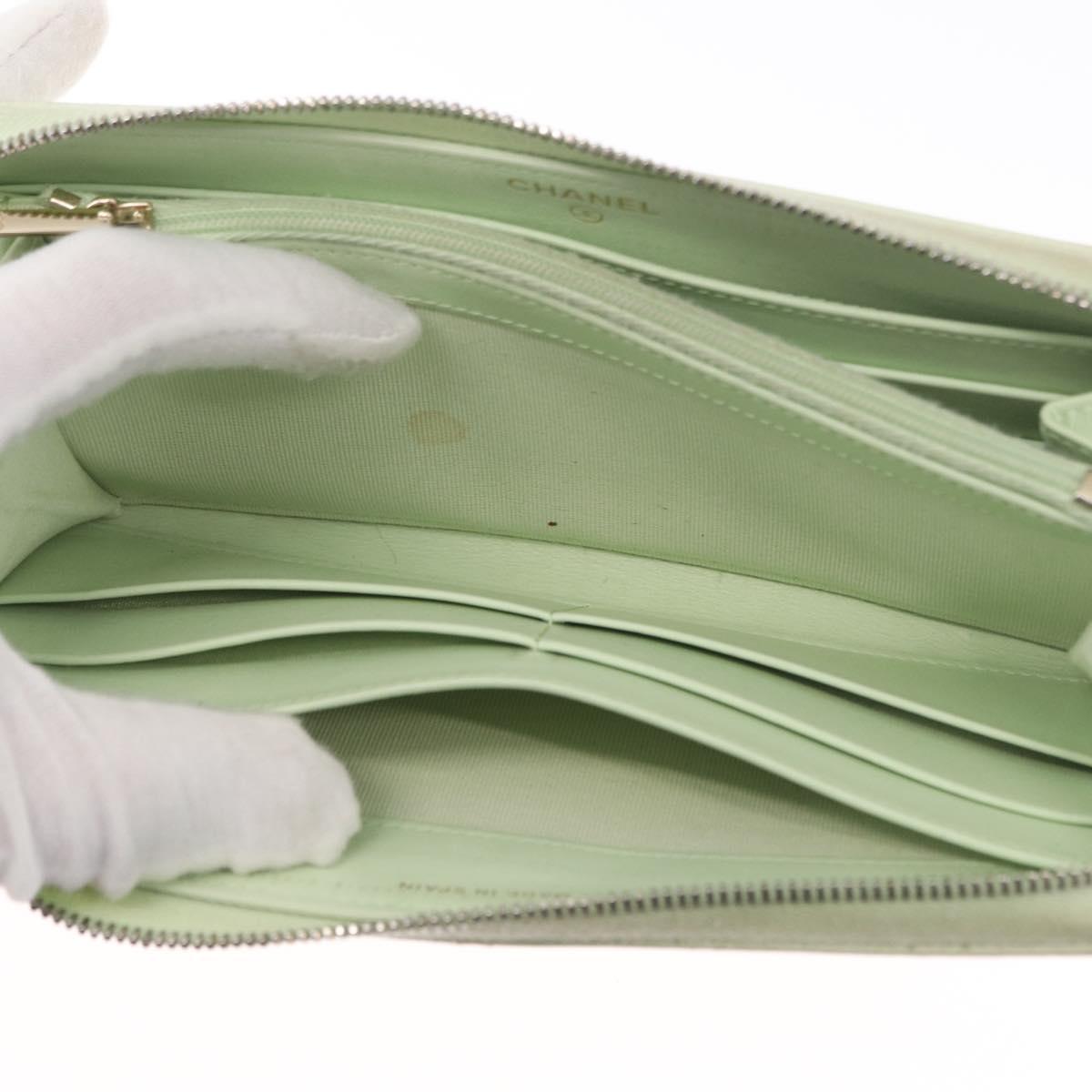 CHANEL Long Wallet Caviar Skin Green Gold CC Auth 164071A