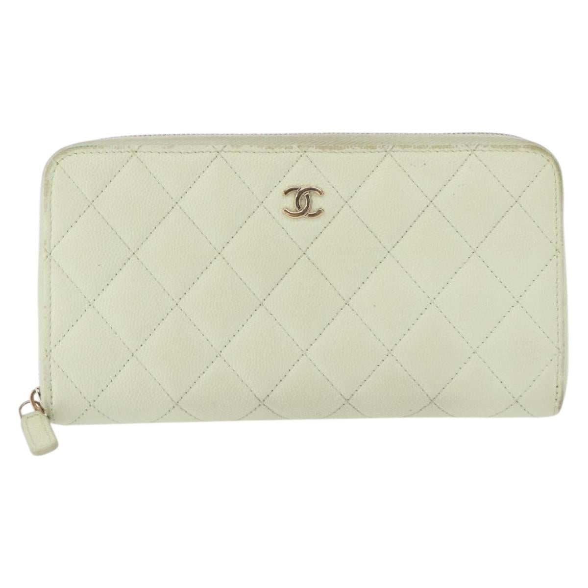 CHANEL Long Wallet Caviar Skin Green Gold CC Auth 164071A